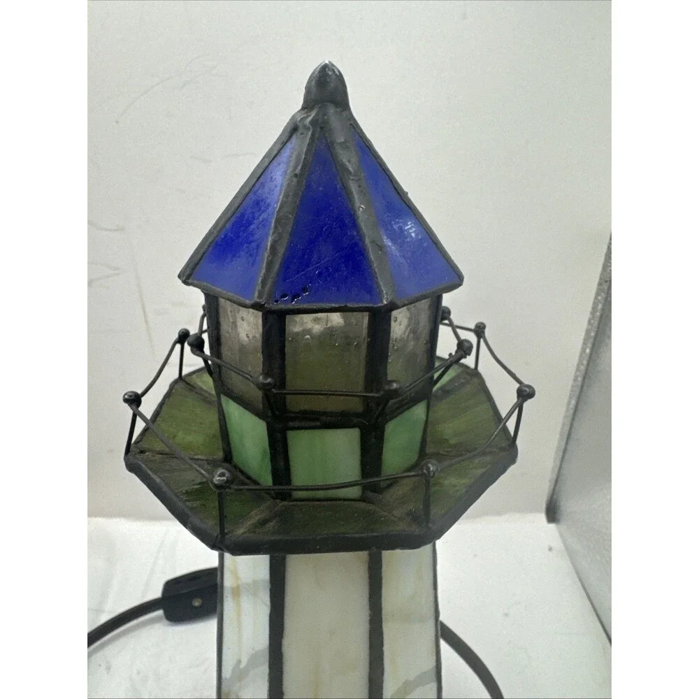 Tiffany Style Stained Slag Glass Lighthouse Accent Lamp Beach Shore WORKS